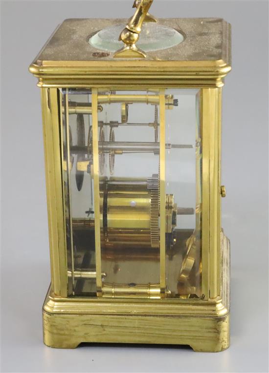 An early 20th century French gilt brass carriage timepiece, 5.75in.